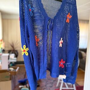 BloomChic Blue Crochet Cardigan with Floral Details